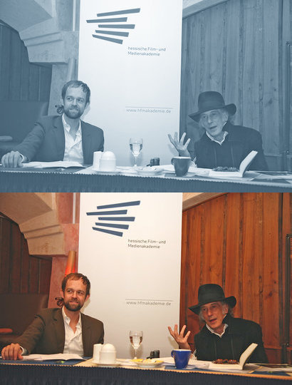 Exklusivgespräch für hFMA-Studierende mit Kameramann Edward Lachmann (rechts) und Prof. Malte Hagener, Philipps Uni Marburg (links). Foto: Achim Friederich 